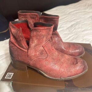 Distressed Red Leather Ankle Booties for Women